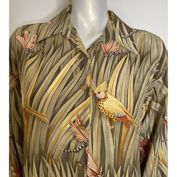 Salvatore Ferragamo Blouse Womens L 10 12 44 Silk Birds Butterfly Dragonfly - Picture 8 of 16